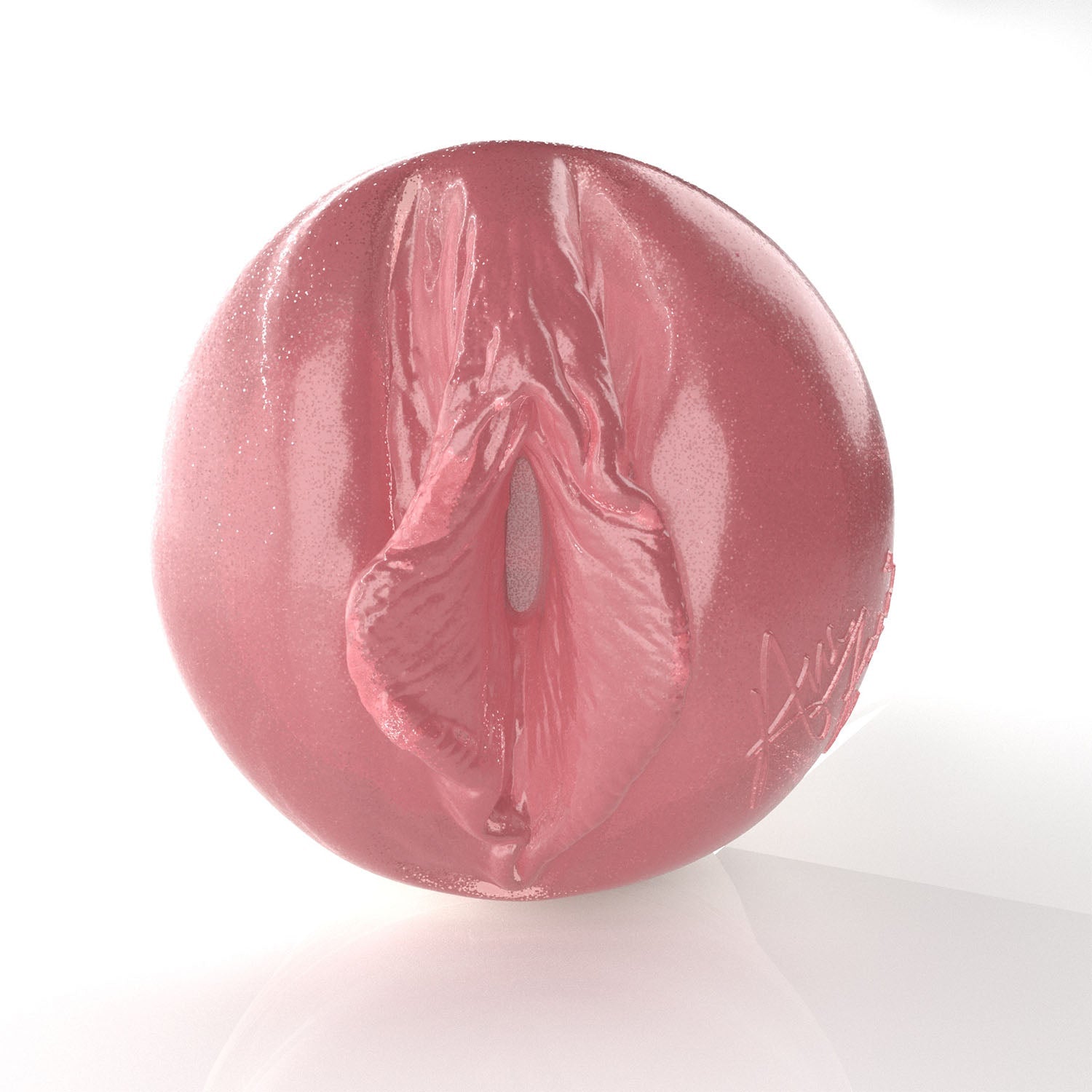 Straight on shot of Ana Foxxx Pink translucent pussy stroker.
